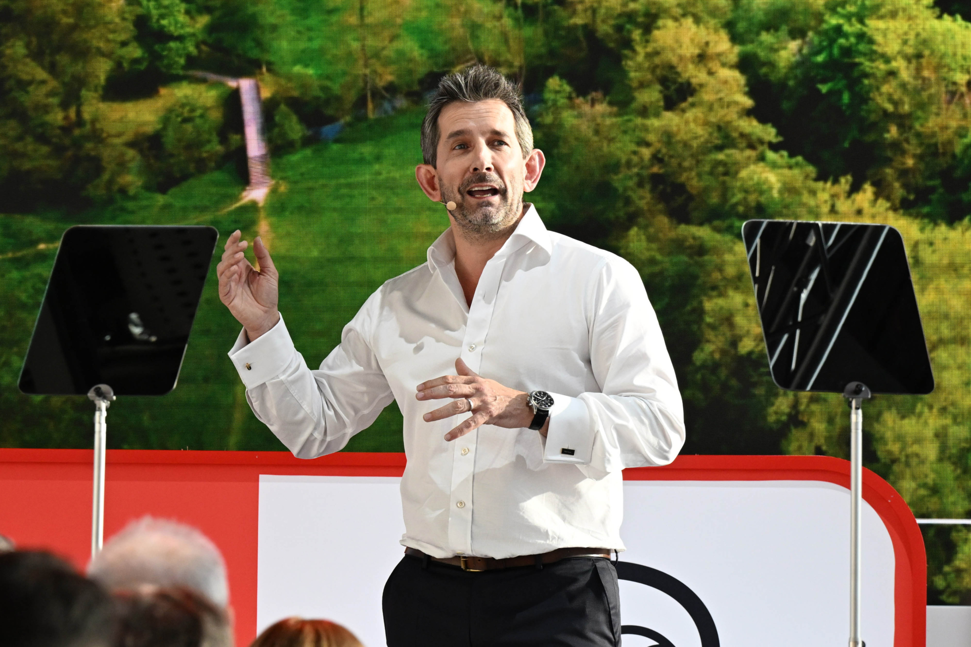 Max Taylor, CEO of VodafoneThree speaks at the launch event marking the merger of Vodafone UK and Three UK.